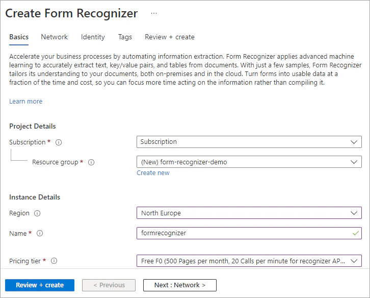 Create a Form Recognizer resource
