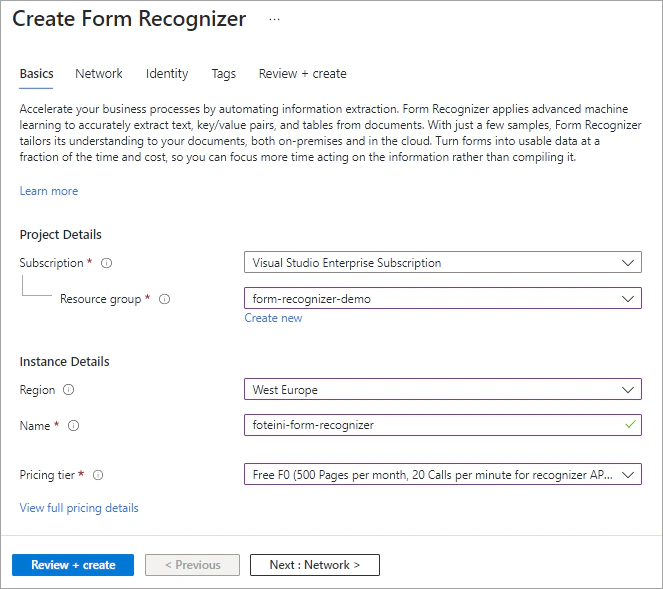 Create a Form Recognizer resource.