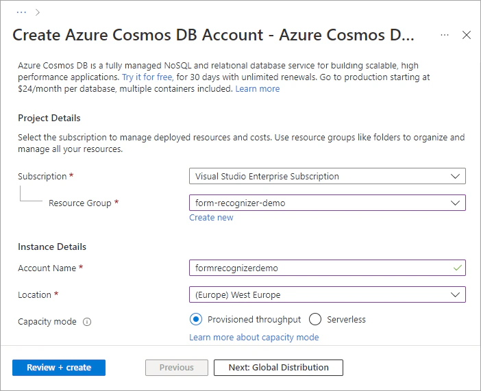 Create an Azure Cosmos DB account.