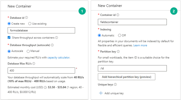Create a database and a container in Azure Cosmos DB.