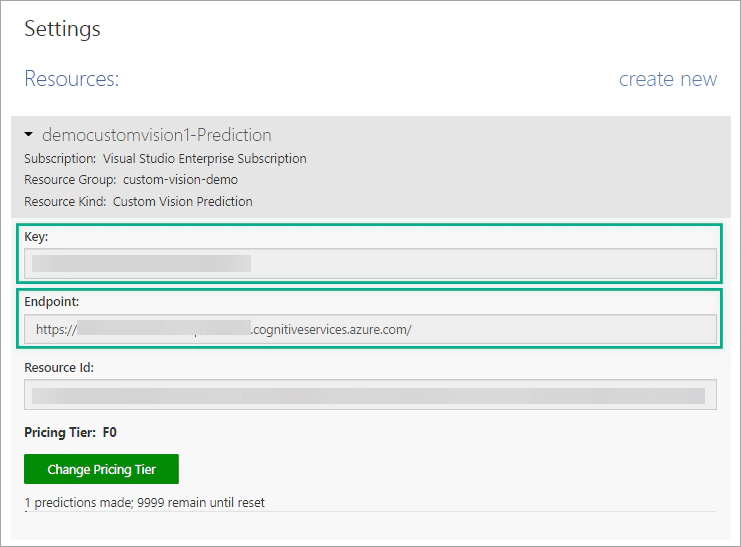 Get the key and endpoint of the prediction resource