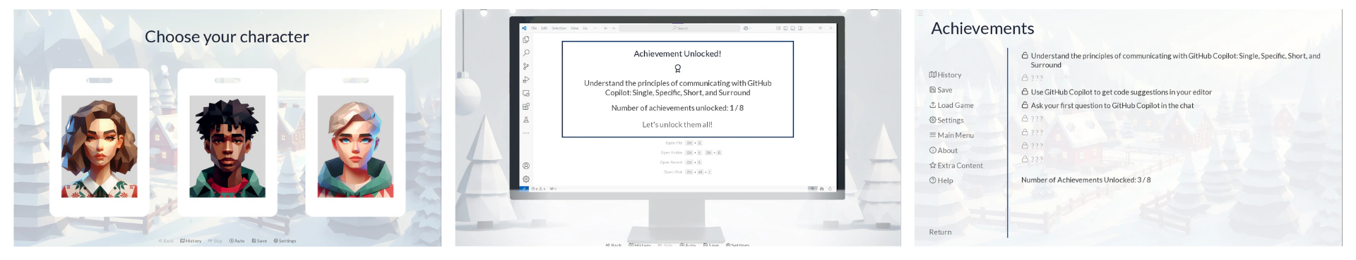 Custom game screens: character selection, achievement unlocked notification, and earned achievements screen.
