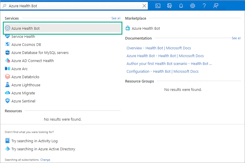 In the Azure portal search for Azure Health Bot