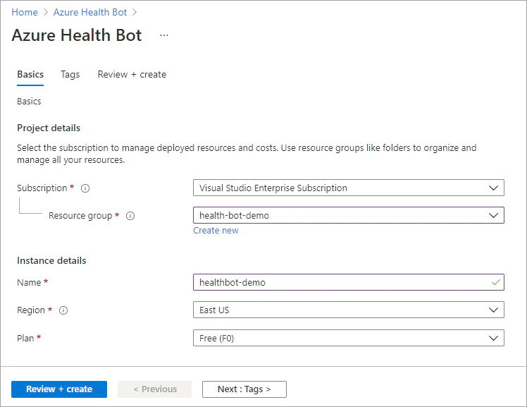 Details for the new Azure Health Bot resource