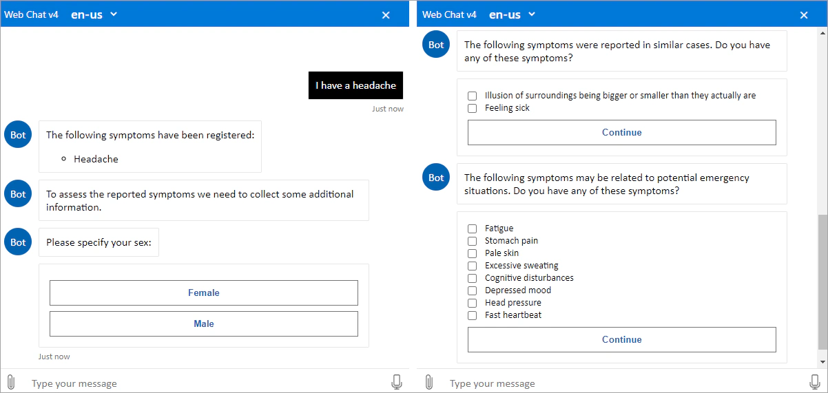 Preview of the triage and symptom checking scenario in the web chat
