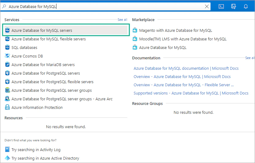 Search for Azure Database for MySQL in Azure portal