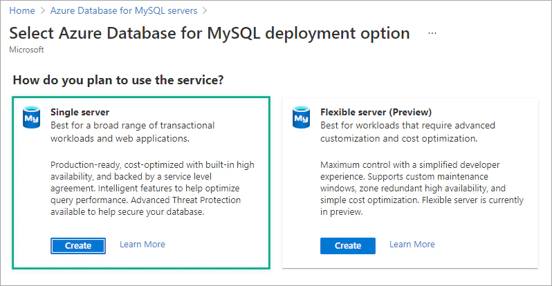 Create an Azure Database for MySQL single server