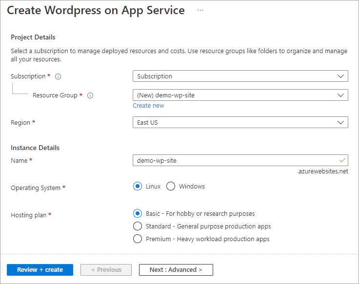 Configure a WordPress on App Service resource