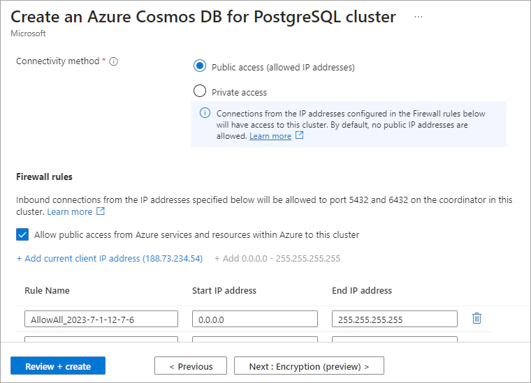 Screenshot of the Networking tab of the Create an Azure Cosmos DB for PostgreSQL cluster form.