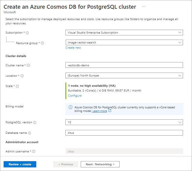 Screenshot of the Basic tab of the Create an Azure Cosmos DB for PostgreSQL cluster form.