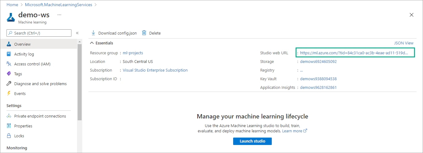 Azure Machine Learning resource in Azure Portal