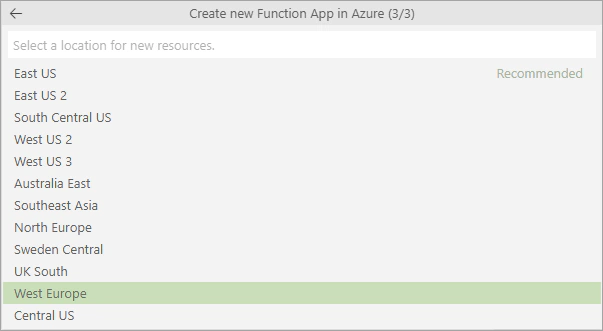 Select a location for the new Azure Function resource