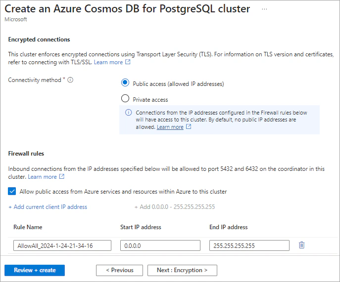 Networking settings for creating an Azure Cosmos DB for PostgreSQL cluster.
