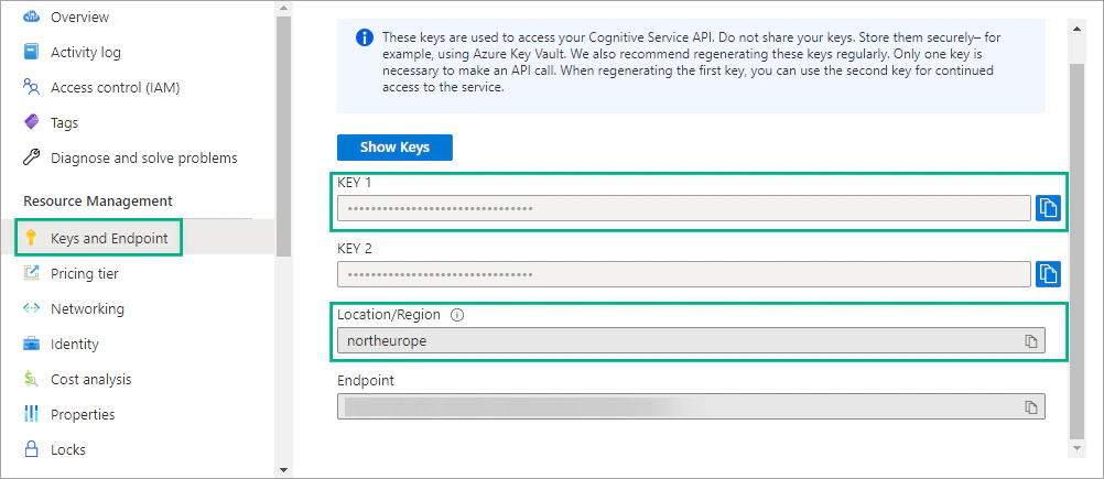 Key and region of Azure Cognitive Services resource